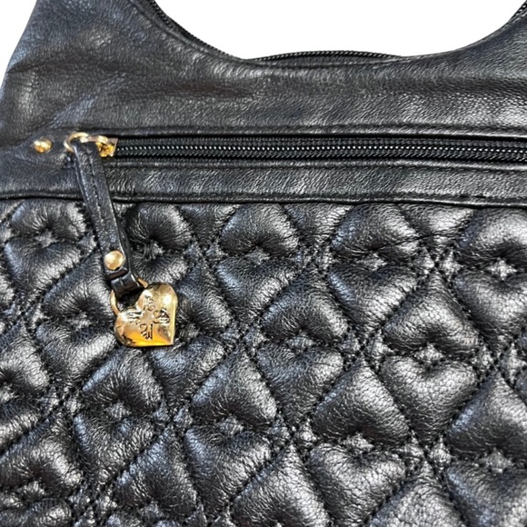 Stone Mountain Heart Quilt Leather Black Cross Body Purse Gold Charm Zipper Bag - Picture 4 of 16